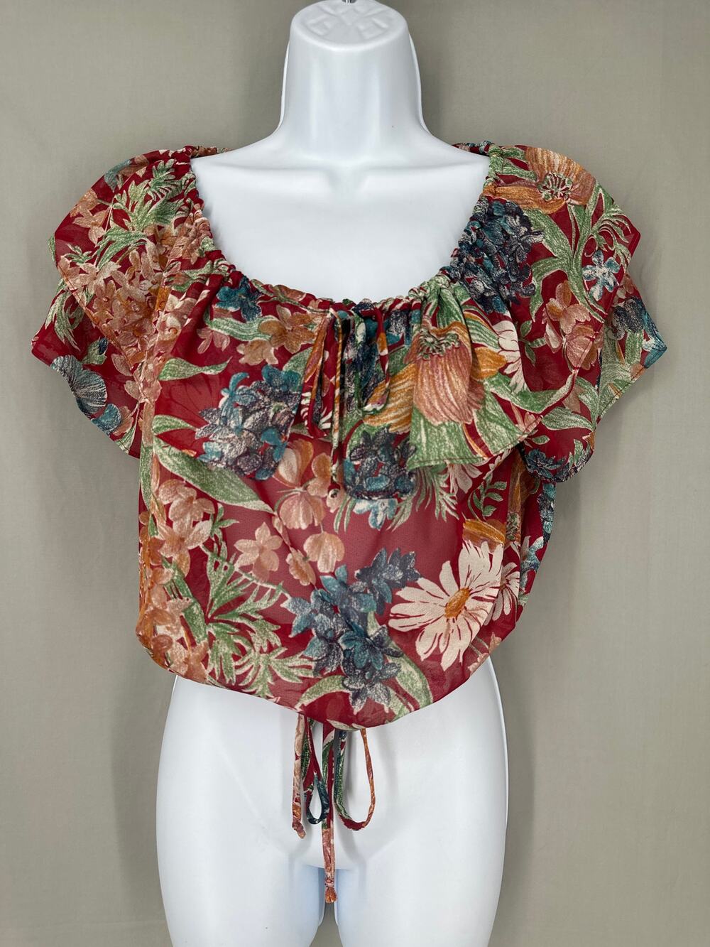 70s Vintage Top Womens Medium Red Floral Boho Bohemian Daisy Sheer Ruffle